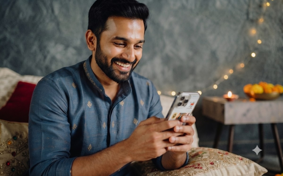 Man smiling while looking at his phone